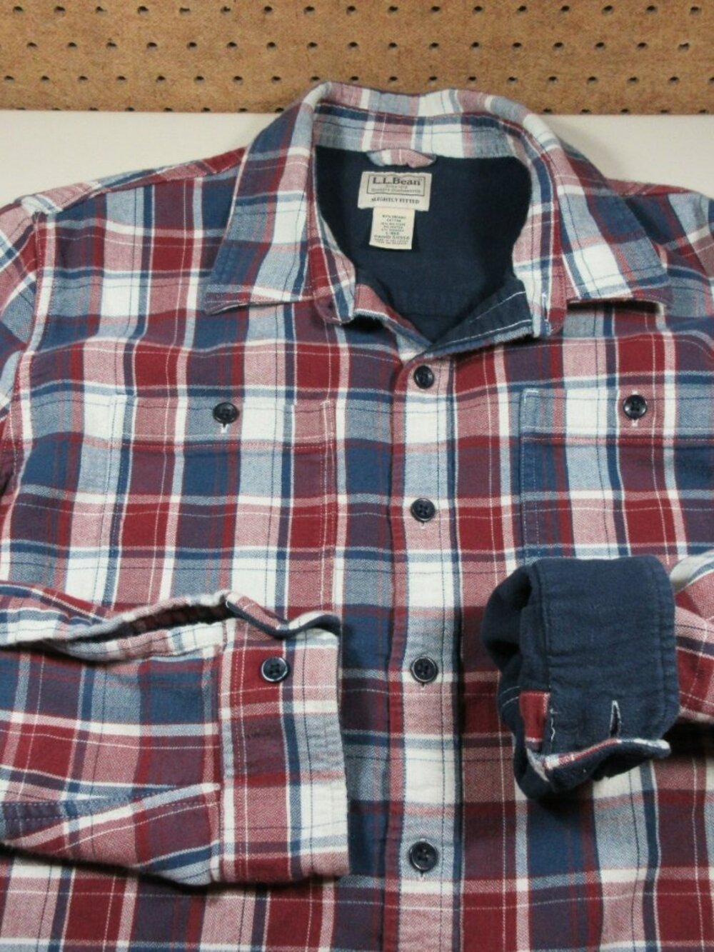 LL Bean mens red white navy fleece lined slightly Organic flannel shacket L